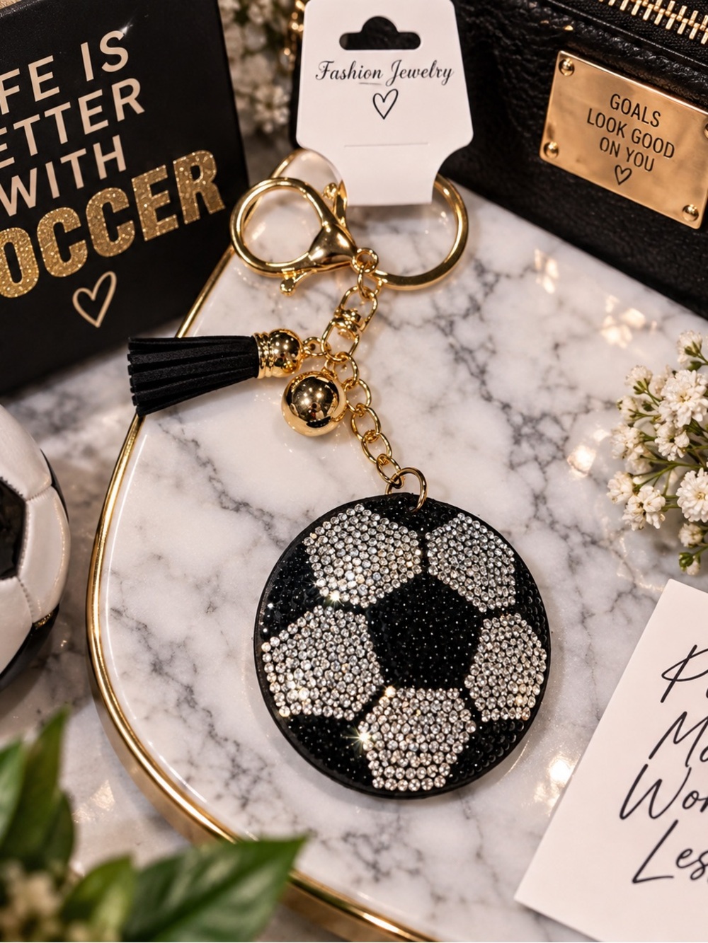 ✨ Rhinestone Soccer Ball Keychain Black & Silver Glam Sports Charm ⚽